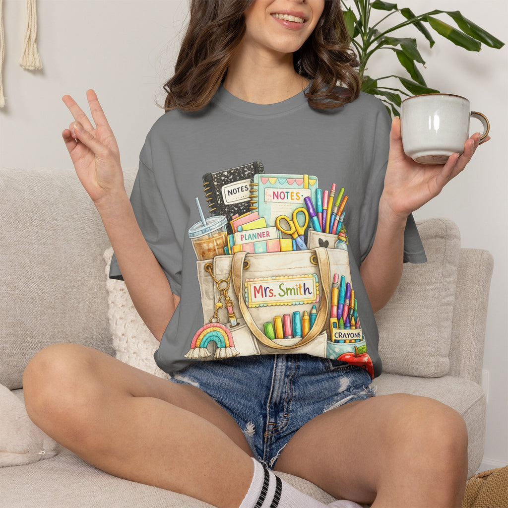 Teacher Pocket Art Tote of School Supplies T-shirt | Classroom Teacher Design