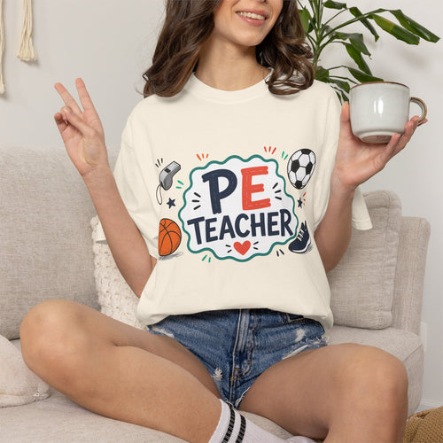 PE Teacher shirt | Physical Education design with basketball, soccer, whistle, sneaker