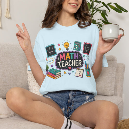 Math Teacher Graphic T-Shirt | Cute Chalkboard, Books, Calculator Design