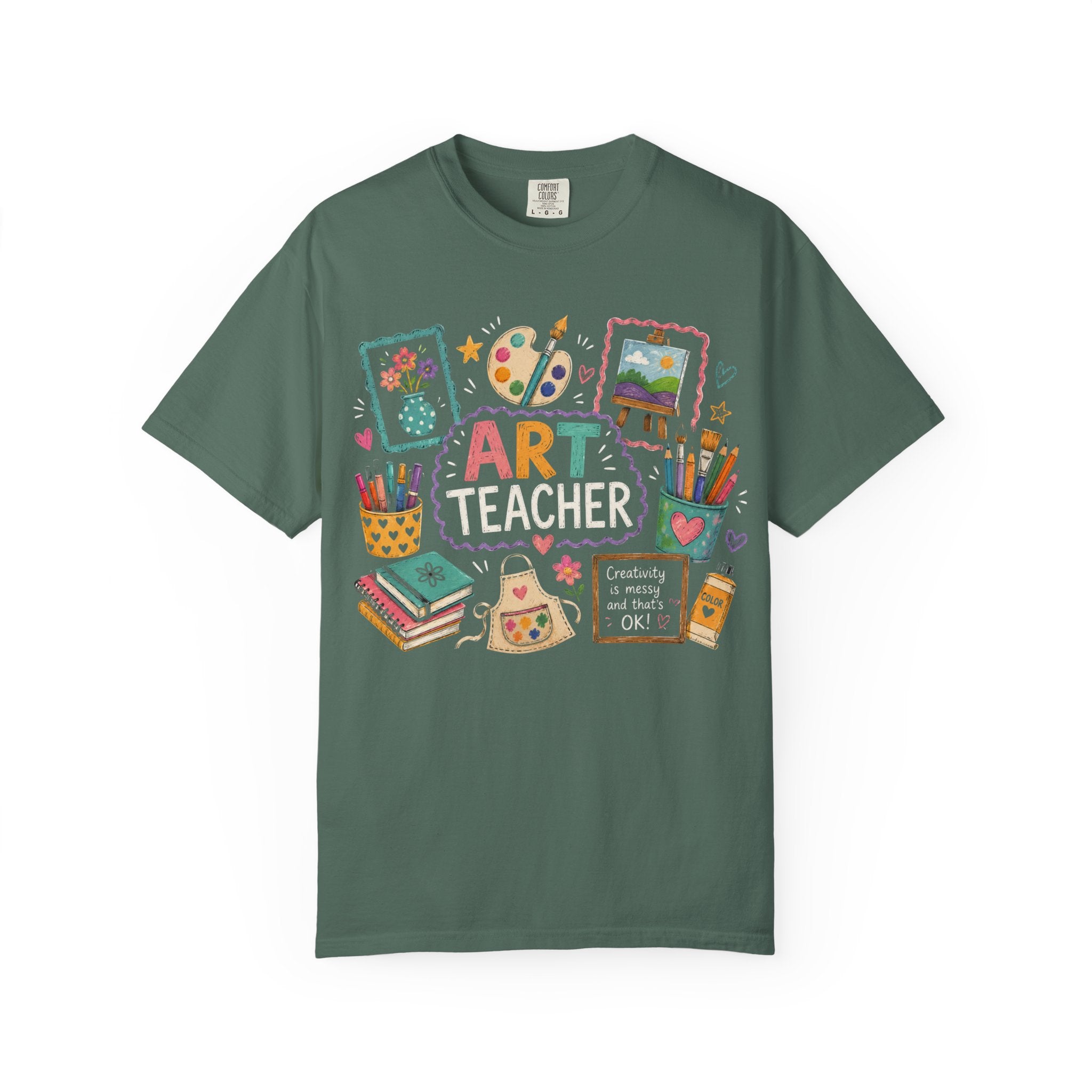 Art Teacher doodles T-Shirt | paint palette, brushes, sketchbooks