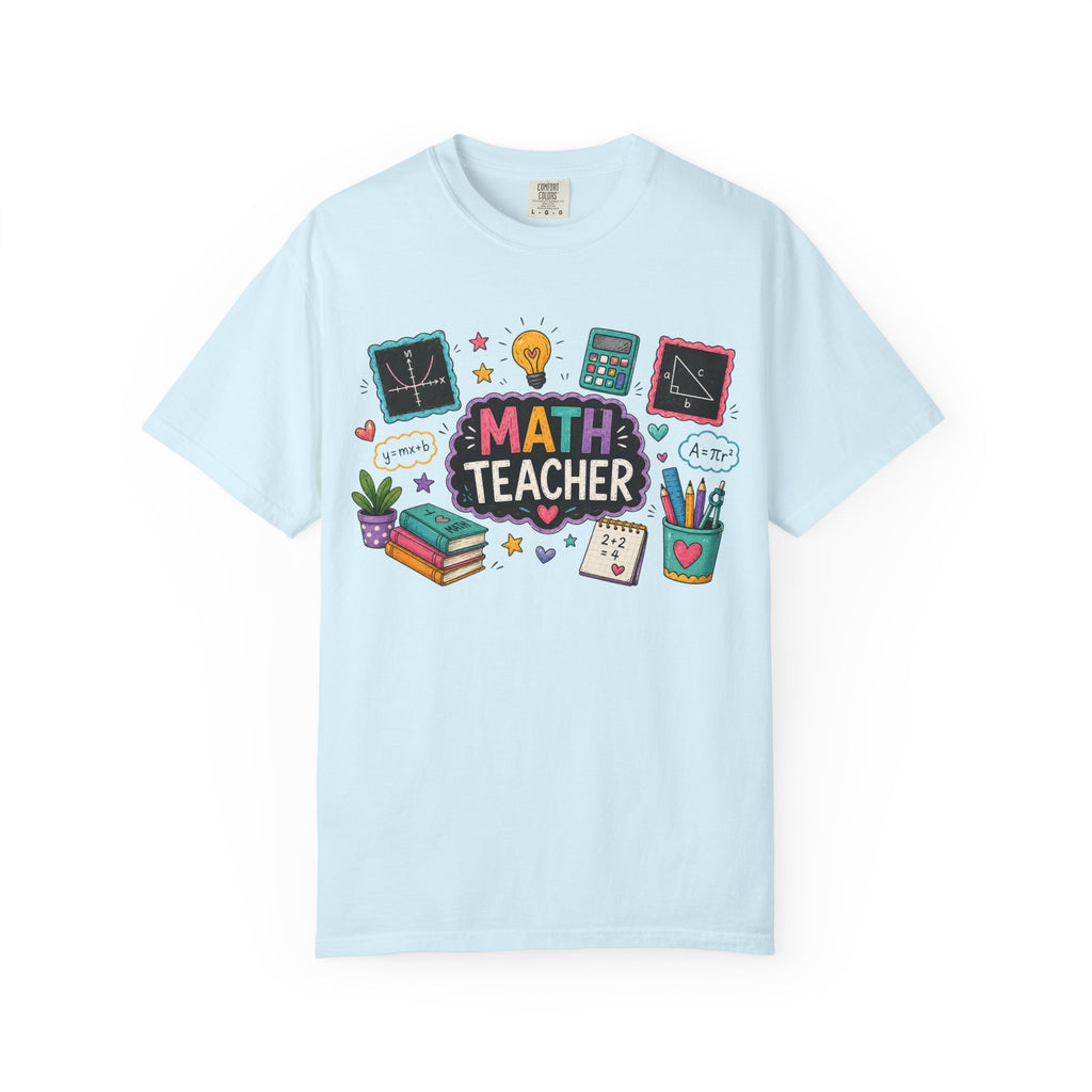 Math Teacher Graphic T-Shirt | Cute Chalkboard, Books, Calculator Design