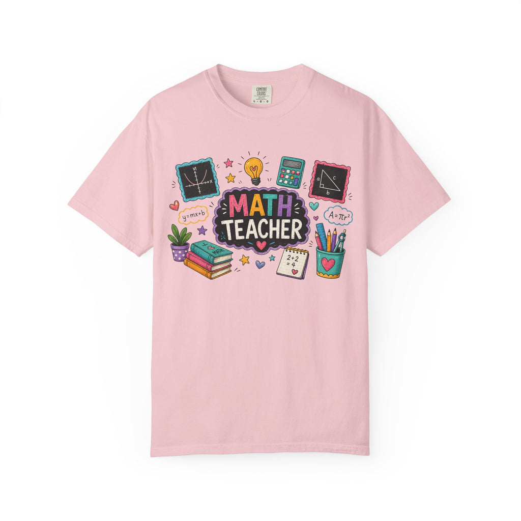 Math Teacher Graphic T-Shirt | Cute Chalkboard, Books, Calculator Design
