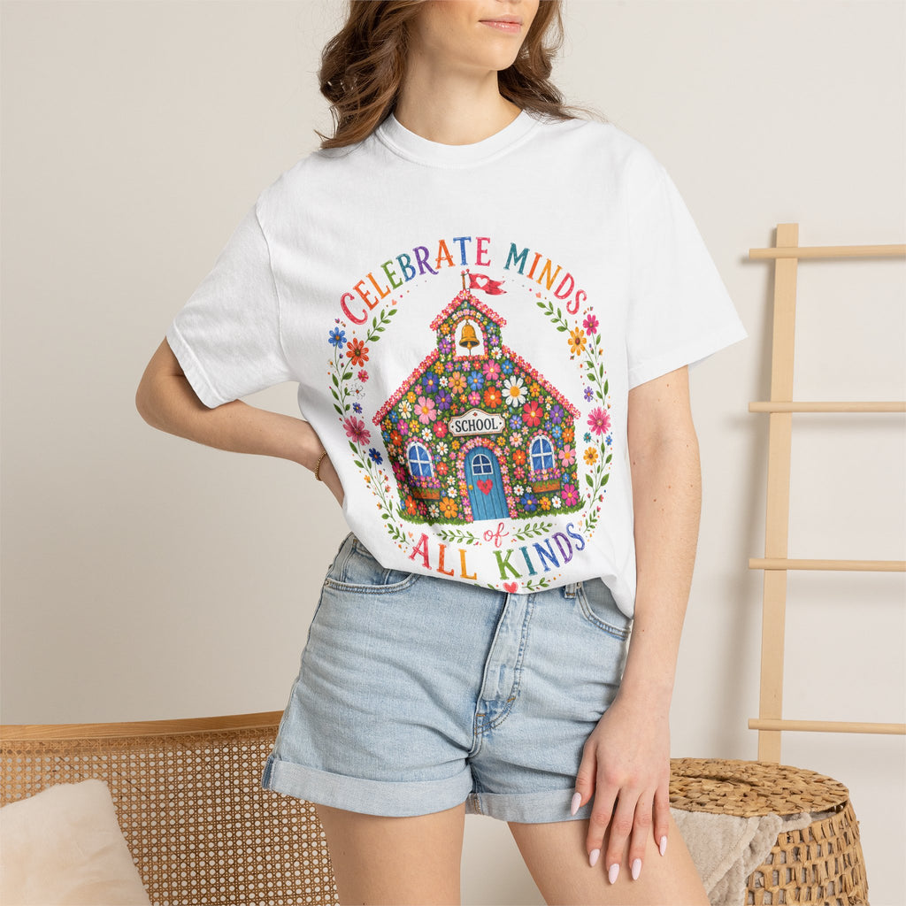 Celebrate Minds All Kinds Schoolhouse T-Shirt | Floral Kids Education Tee