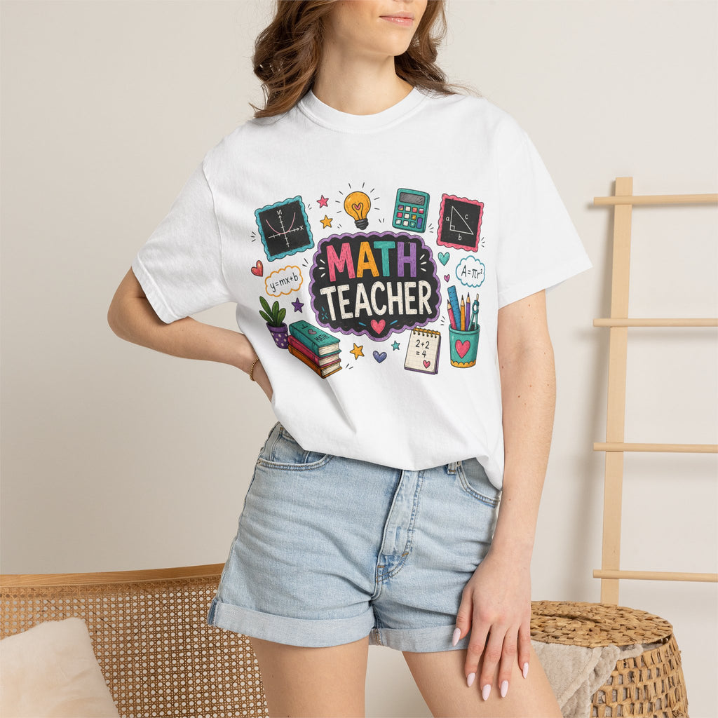 Math Teacher Graphic T-Shirt | Cute Chalkboard, Books, Calculator Design