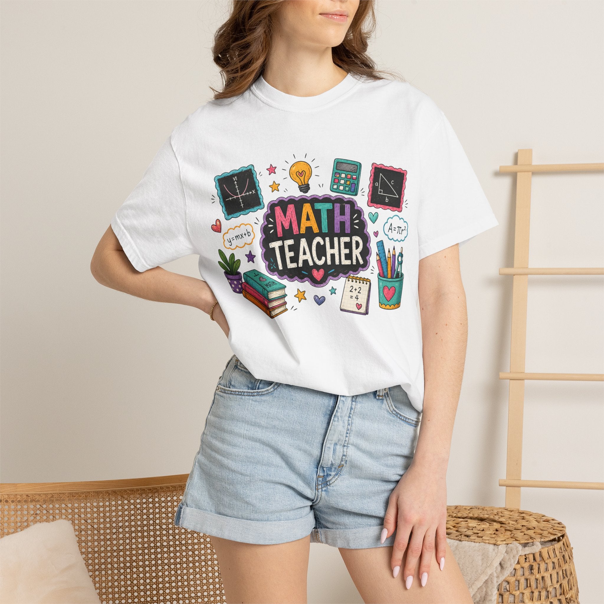 Math Teacher Graphic T-Shirt | Cute Chalkboard, Books, Calculator Design
