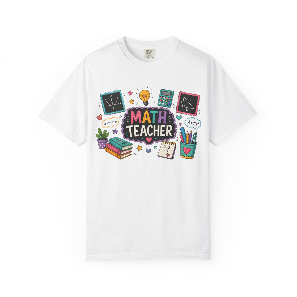 Math Teacher Graphic T-Shirt | Cute Chalkboard, Books, Calculator Design