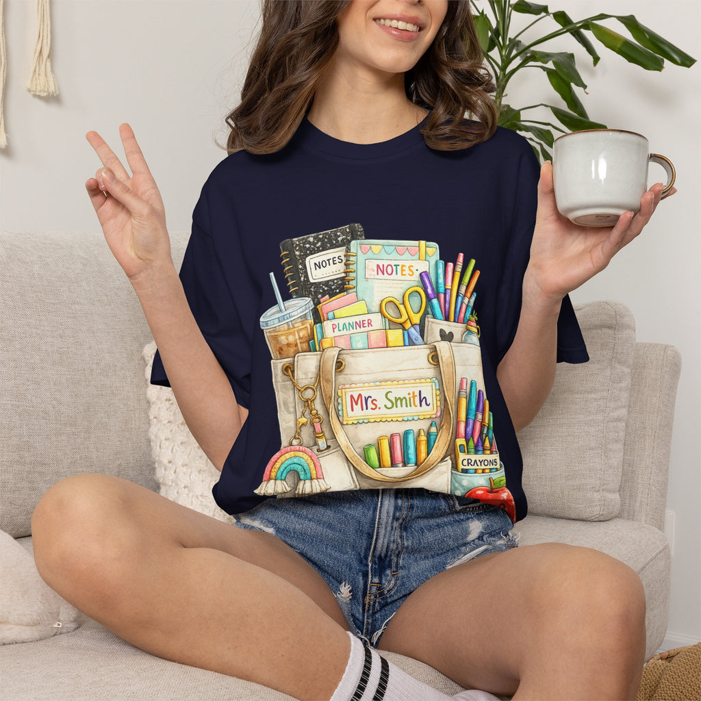Teacher Pocket Art Tote of School Supplies T-shirt | Classroom Teacher Design