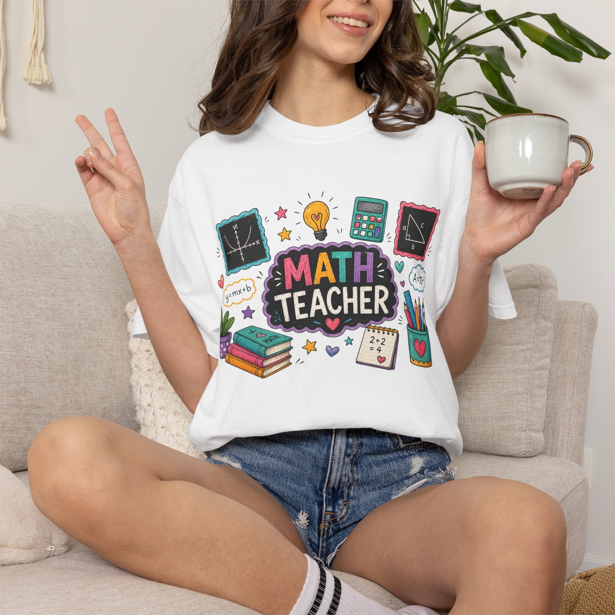Math Teacher Graphic T-Shirt | Cute Chalkboard, Books, Calculator Design