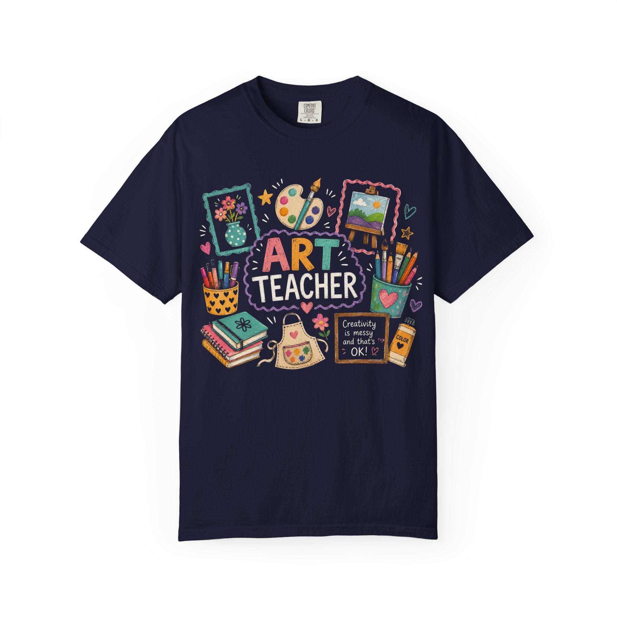 Art Teacher doodles T-Shirt | paint palette, brushes, sketchbooks